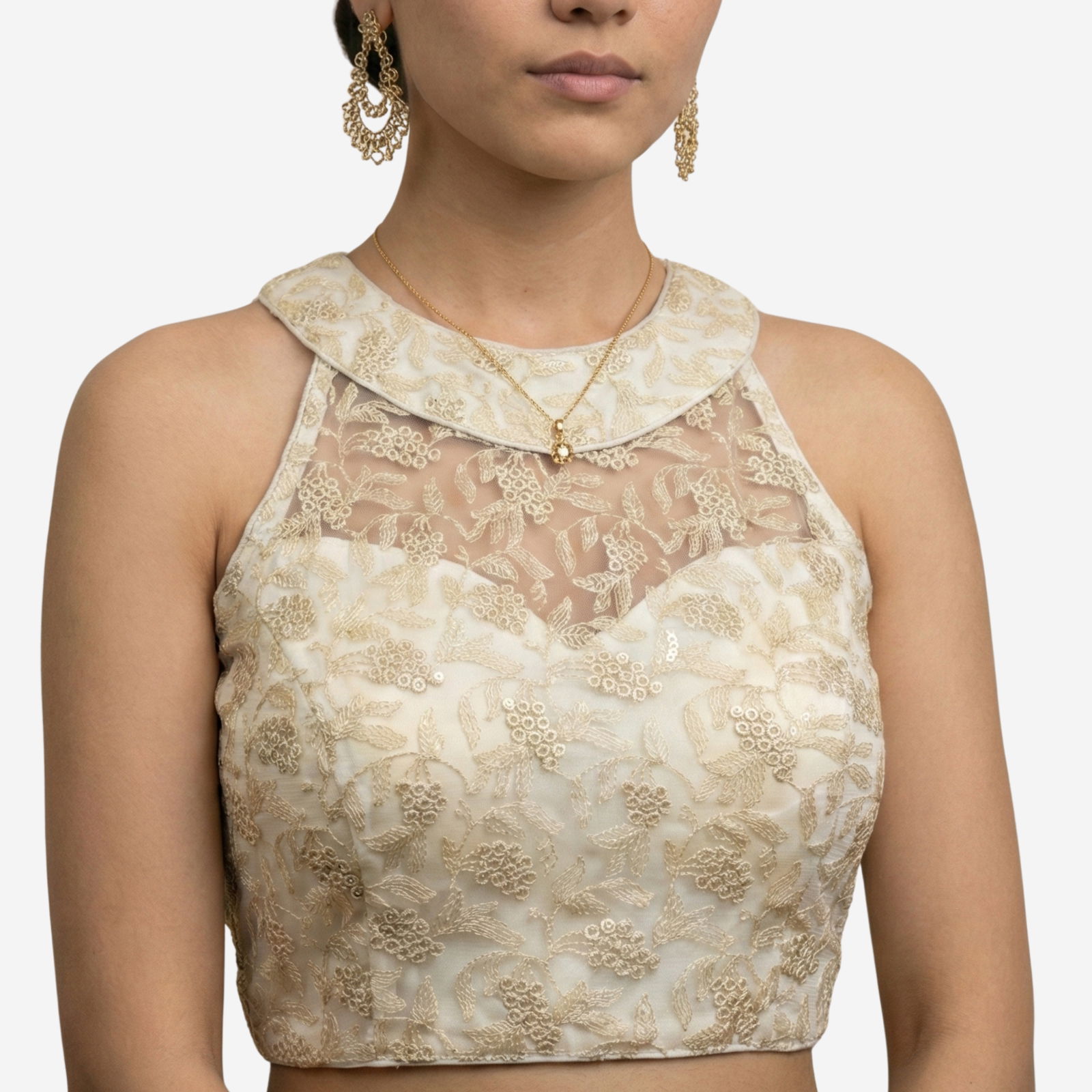 White Halter Neck Heavy Thread Work Net Blouse