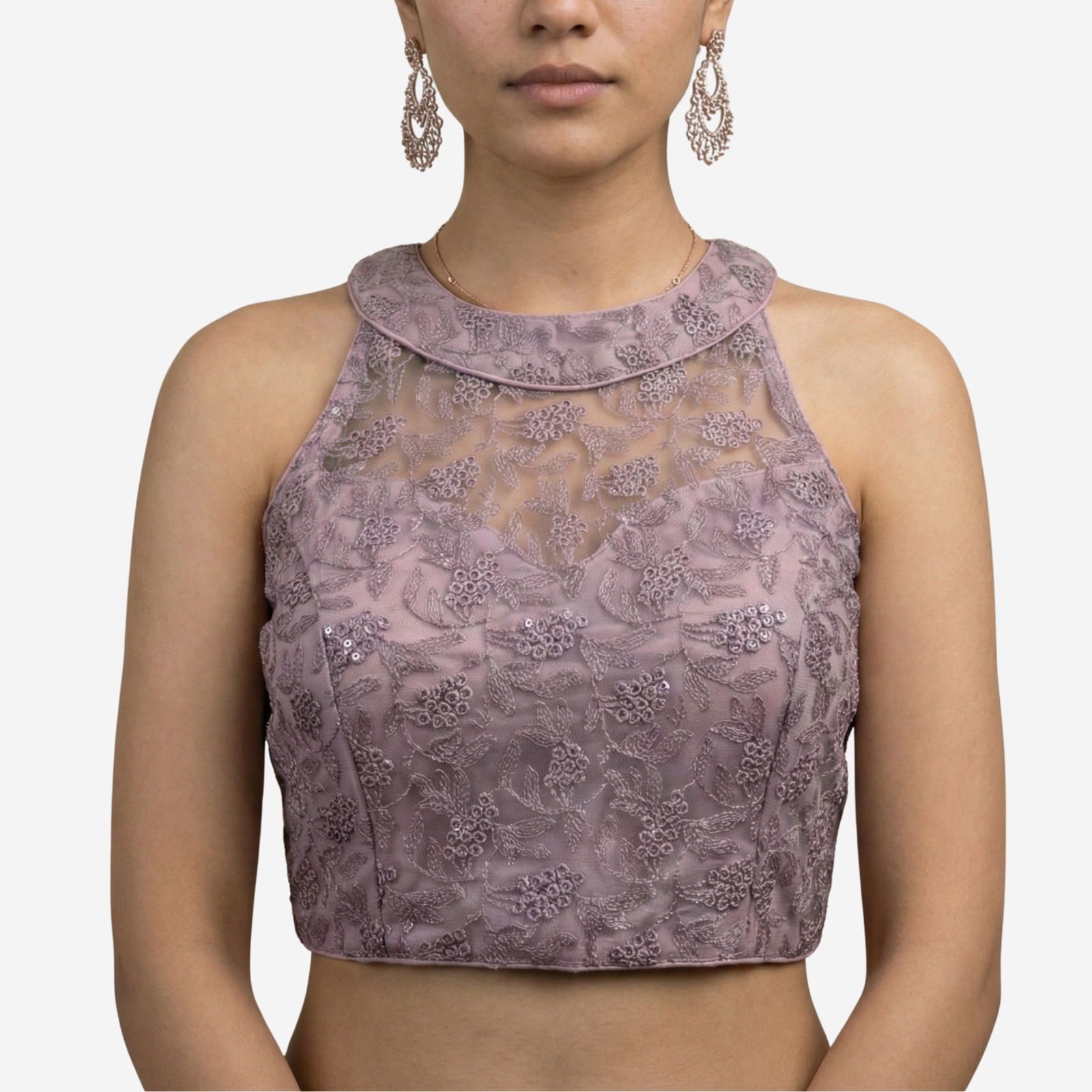 Purple Halter Neck Heavy Thread Work Net Blouse