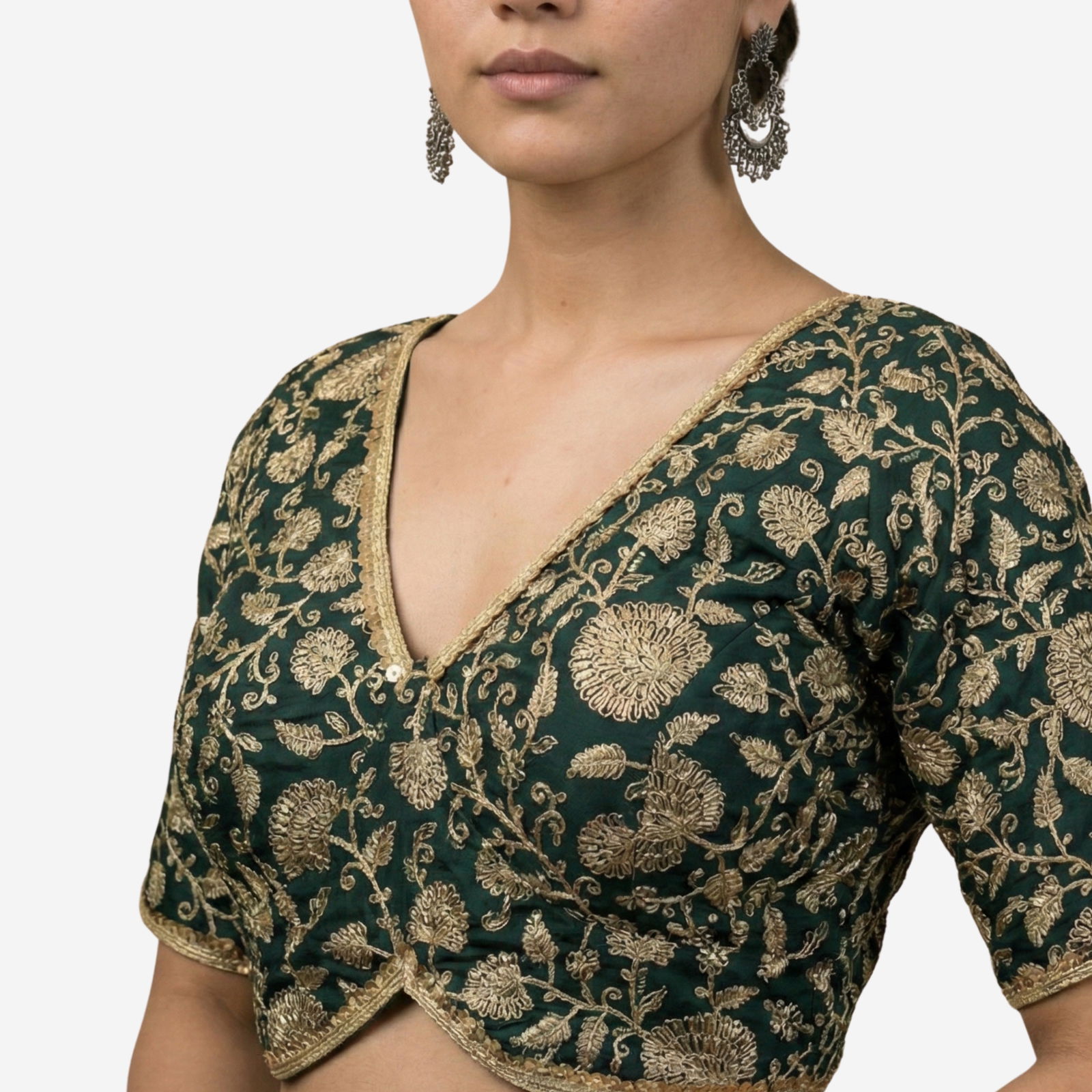 Bottle Green Color Thread Work Deep Neck Embroidered Blouse