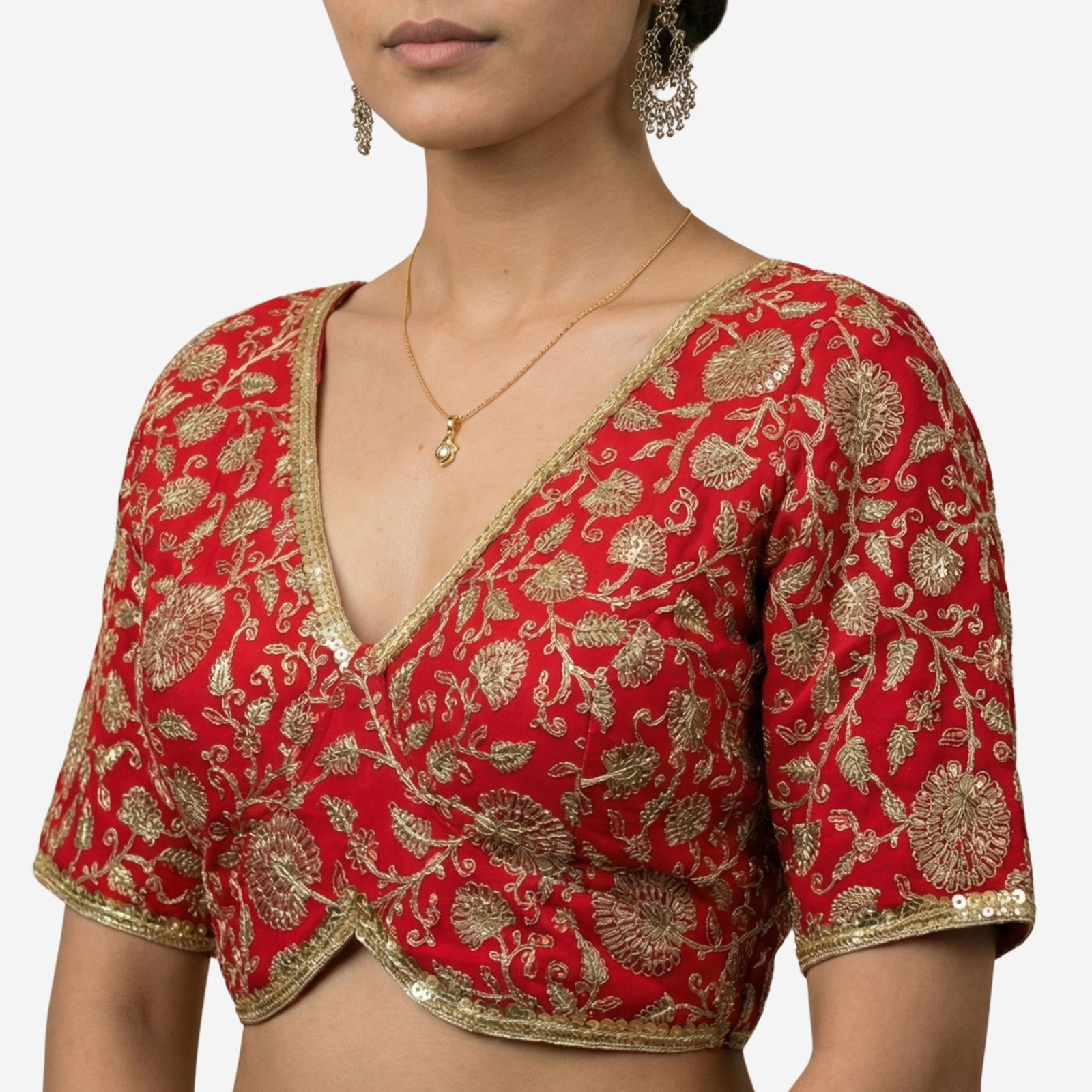 Red Thread Work Deep Neck Embroidered Blouse