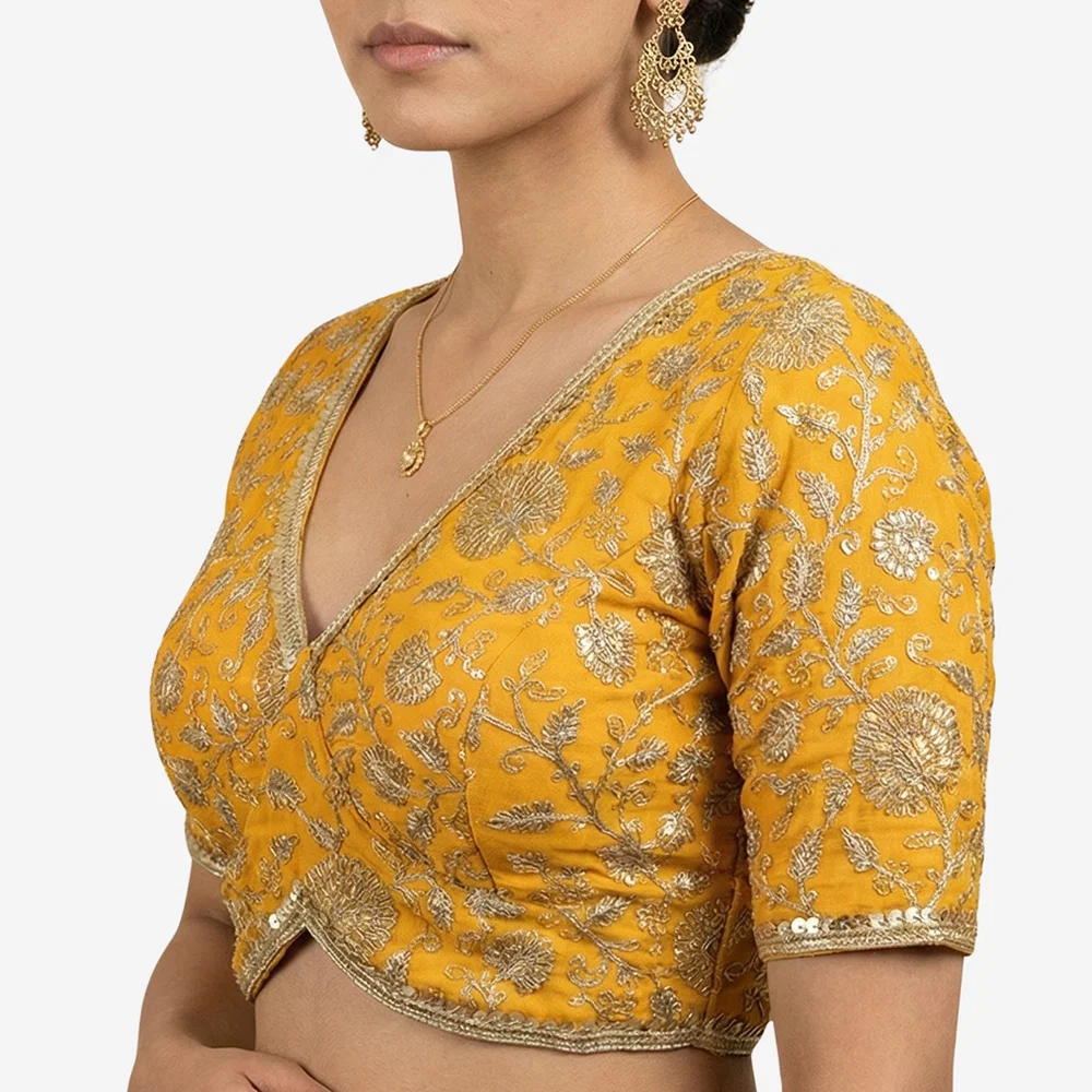 Mustard Thread Work Deep Neck Embroidered Blouse — view 1