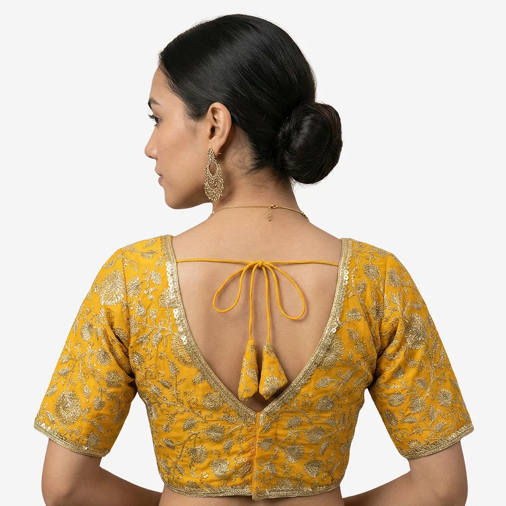 Mustard Thread Work Deep Neck Embroidered Blouse — view 4