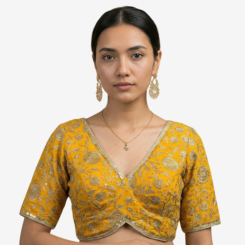 Mustard Thread Work Deep Neck Embroidered Blouse — view 5