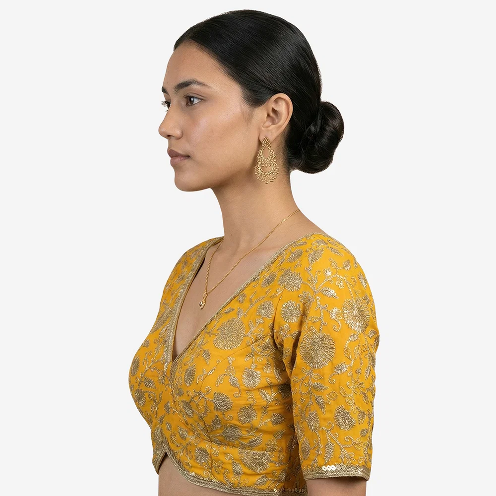 Mustard Thread Work Deep Neck Embroidered Blouse — view 3