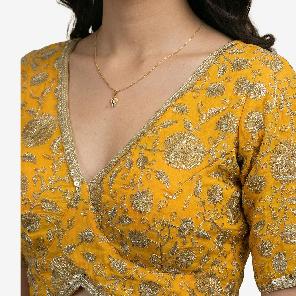 Mustard Thread Work Deep Neck Embroidered Blouse — view 2