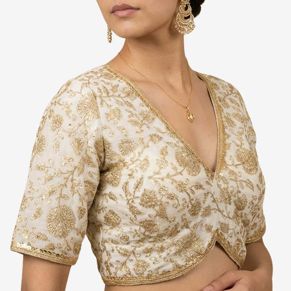 White Thread Work Deep Neck Embroidered Blouse — view 1