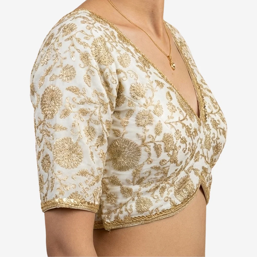 White Thread Work Deep Neck Embroidered Blouse — view 3