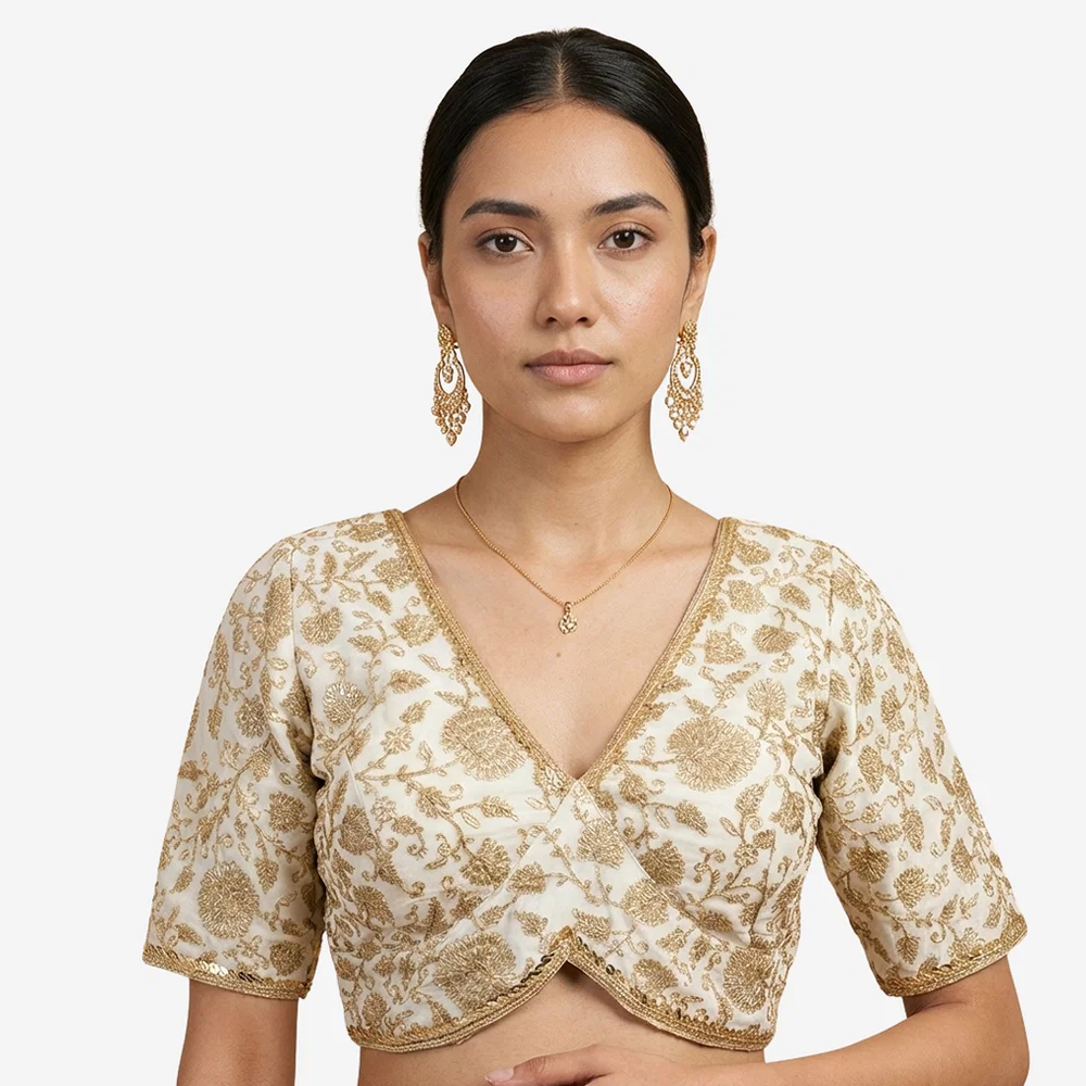 White Thread Work Deep Neck Embroidered Blouse — view 5