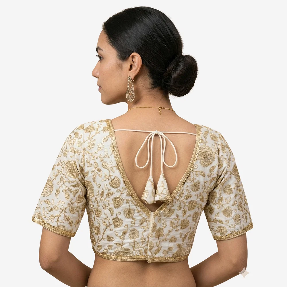 White Thread Work Deep Neck Embroidered Blouse — view 4