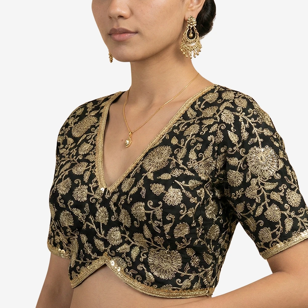 Black Thread Work Deep Neck Embroidered Blouse — view 1