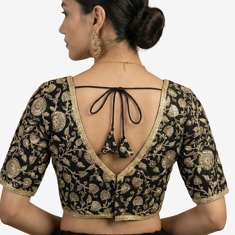 Black Thread Work Deep Neck Embroidered Blouse — view 4
