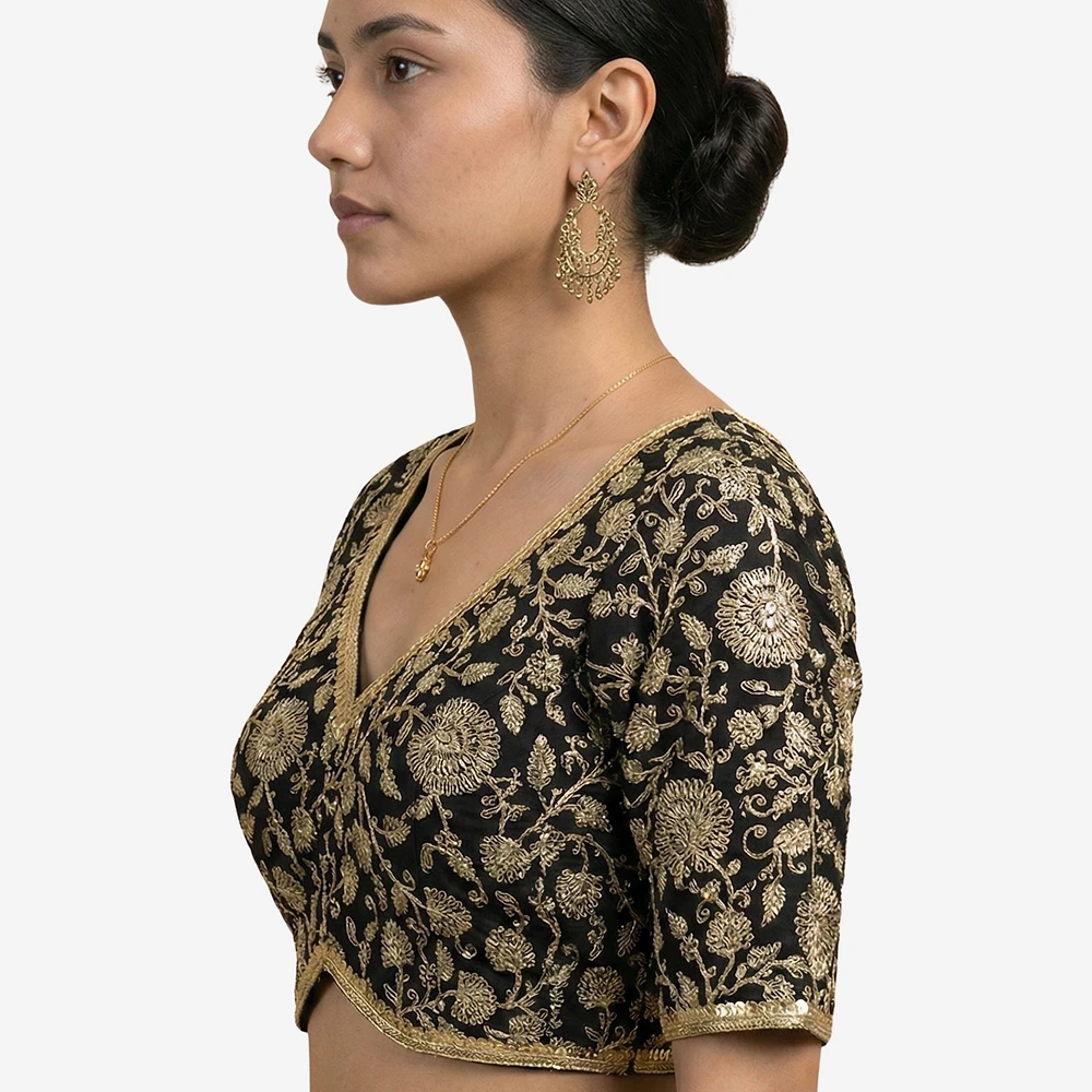 Black Thread Work Deep Neck Embroidered Blouse — view 3