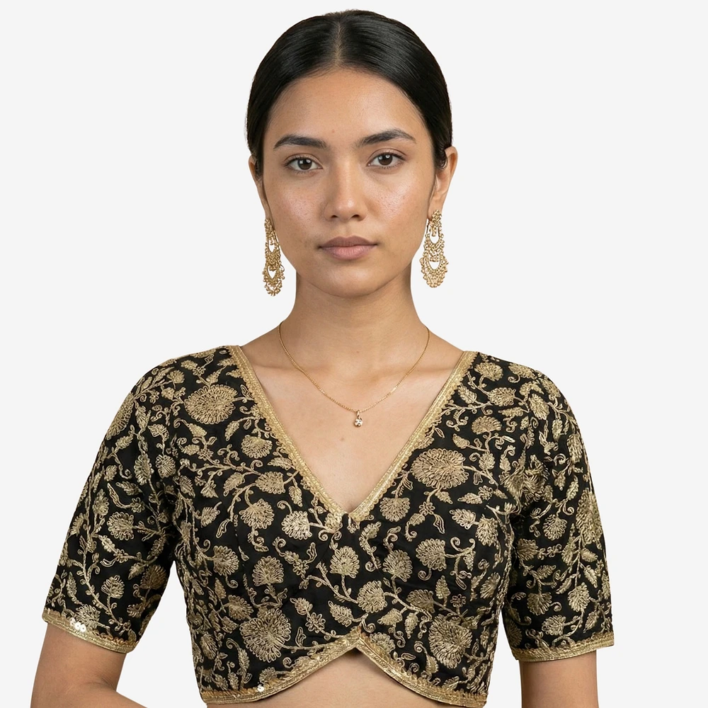 Black Thread Work Deep Neck Embroidered Blouse — view 5