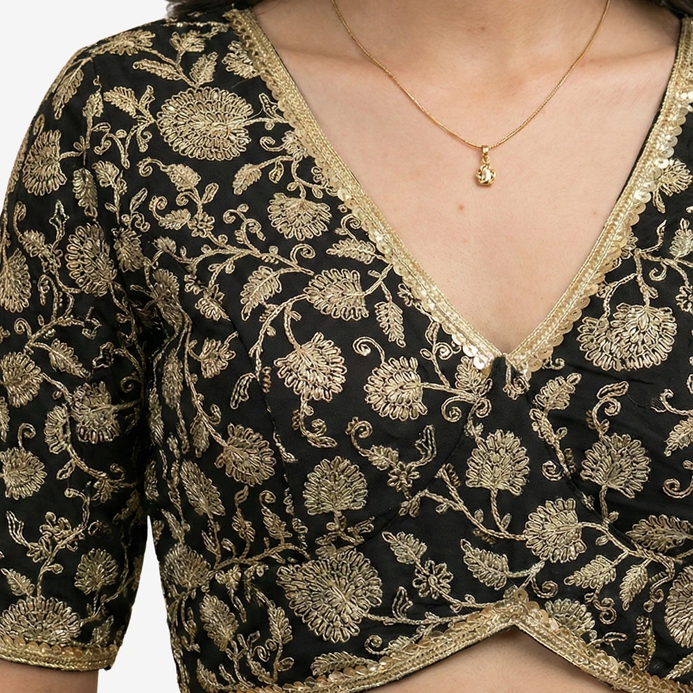 Black Thread Work Deep Neck Embroidered Blouse — view 2