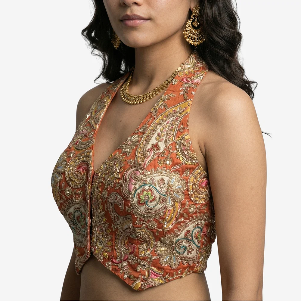 Rust Position Print Halter Neck Readymade Blouse — view 1