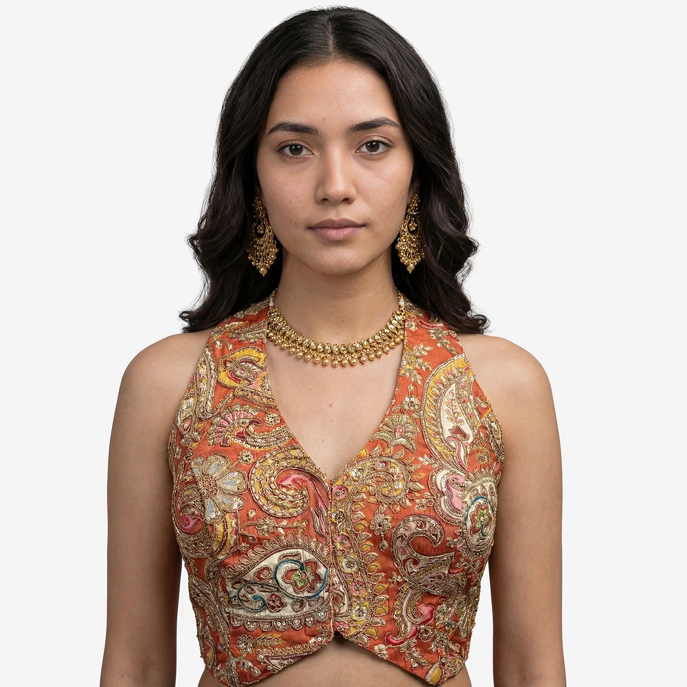 Rust Position Print Halter Neck Readymade Blouse — view 5