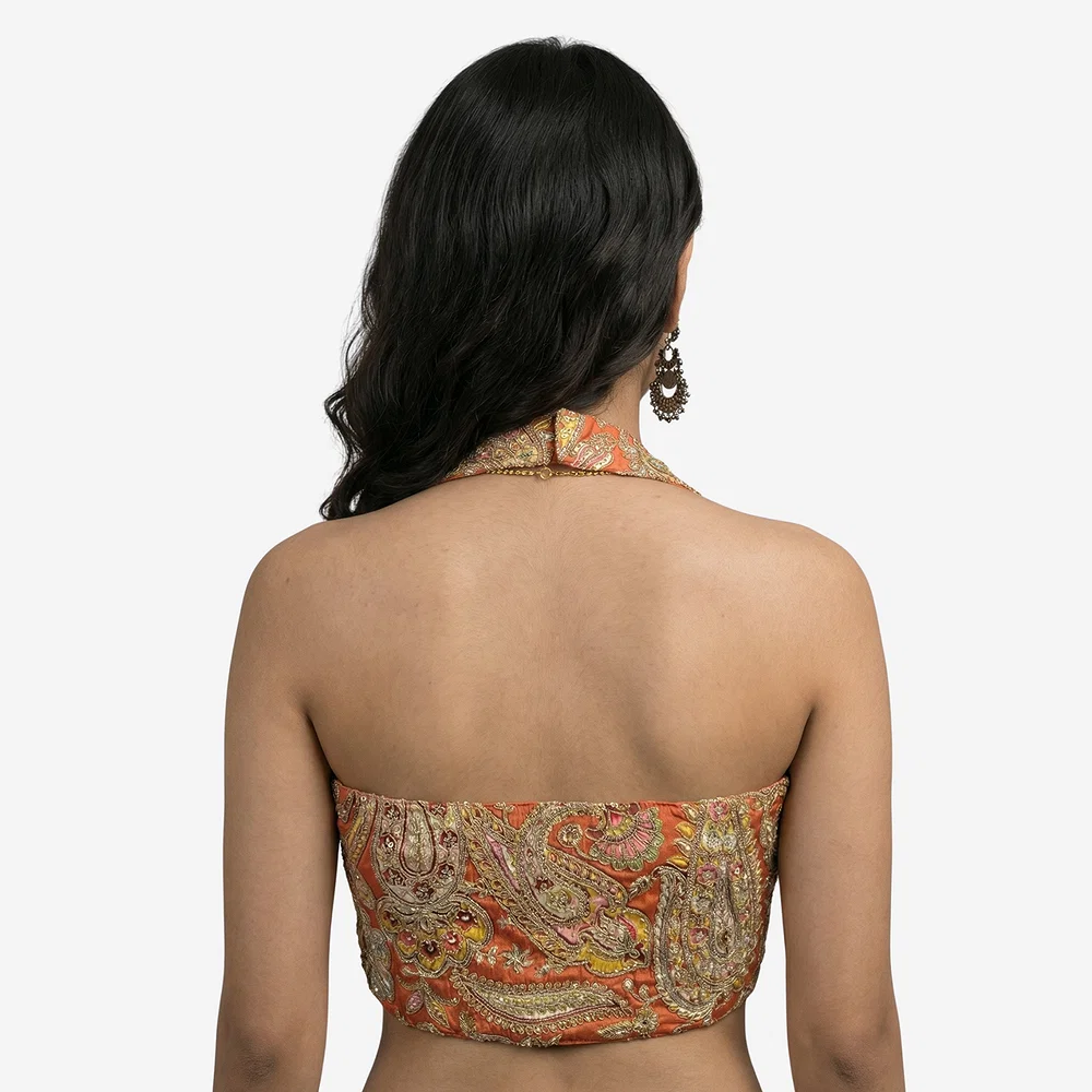 Rust Position Print Halter Neck Readymade Blouse — view 3