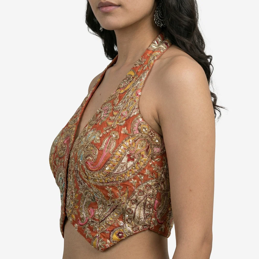 Rust Position Print Halter Neck Readymade Blouse — view 4