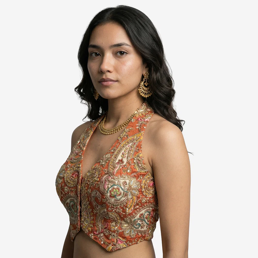 Rust Position Print Halter Neck Readymade Blouse — view 2