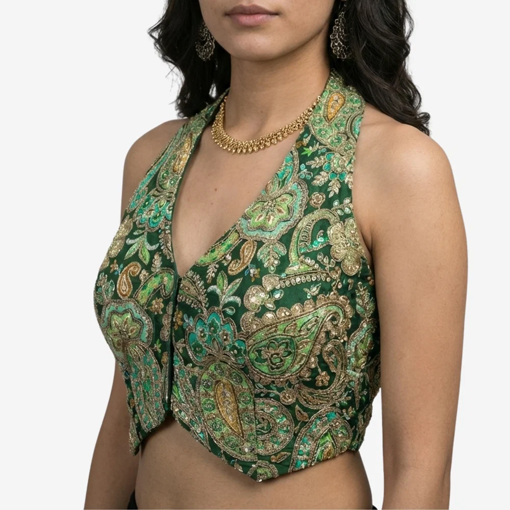 Green Position Print Halter Neck Readymade Blouse — view 1