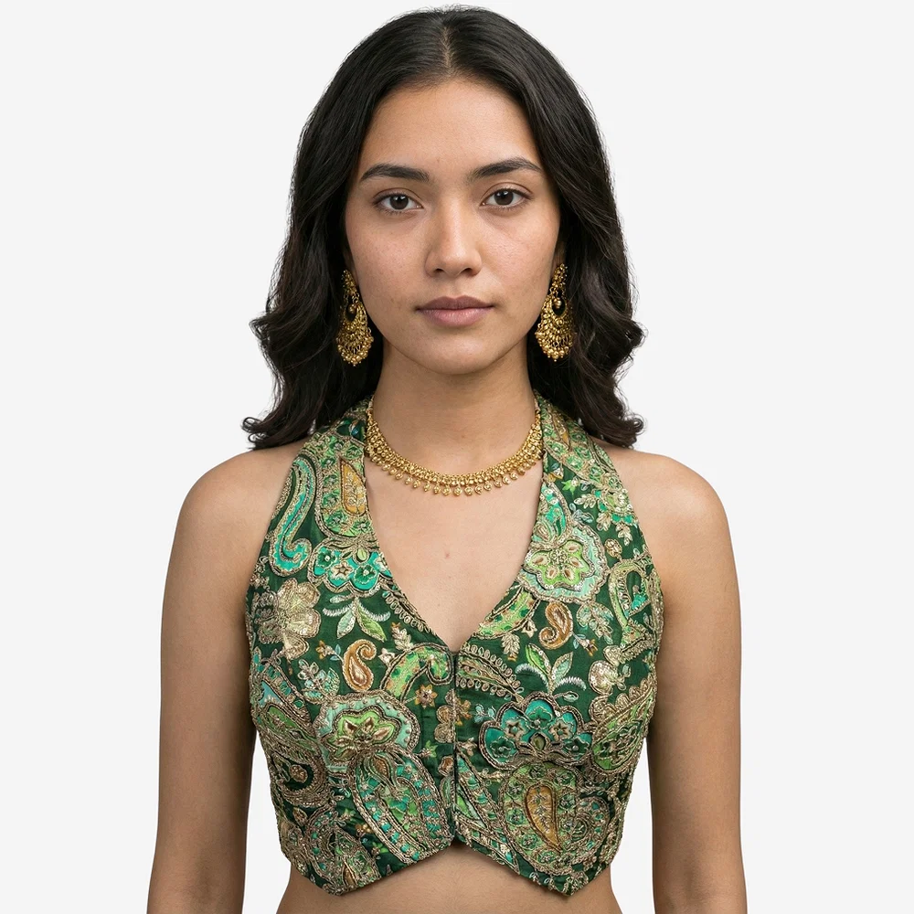 Green Position Print Halter Neck Readymade Blouse — view 3
