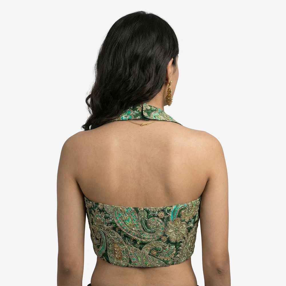 Green Position Print Halter Neck Readymade Blouse — view 2