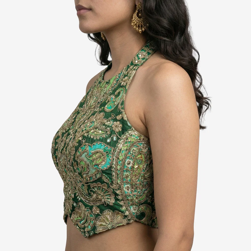 Green Position Print Halter Neck Readymade Blouse — view 4