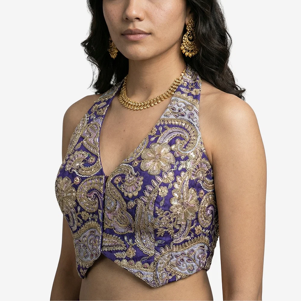 Purple Position Print Halter Neck Readymade Blouse — view 1