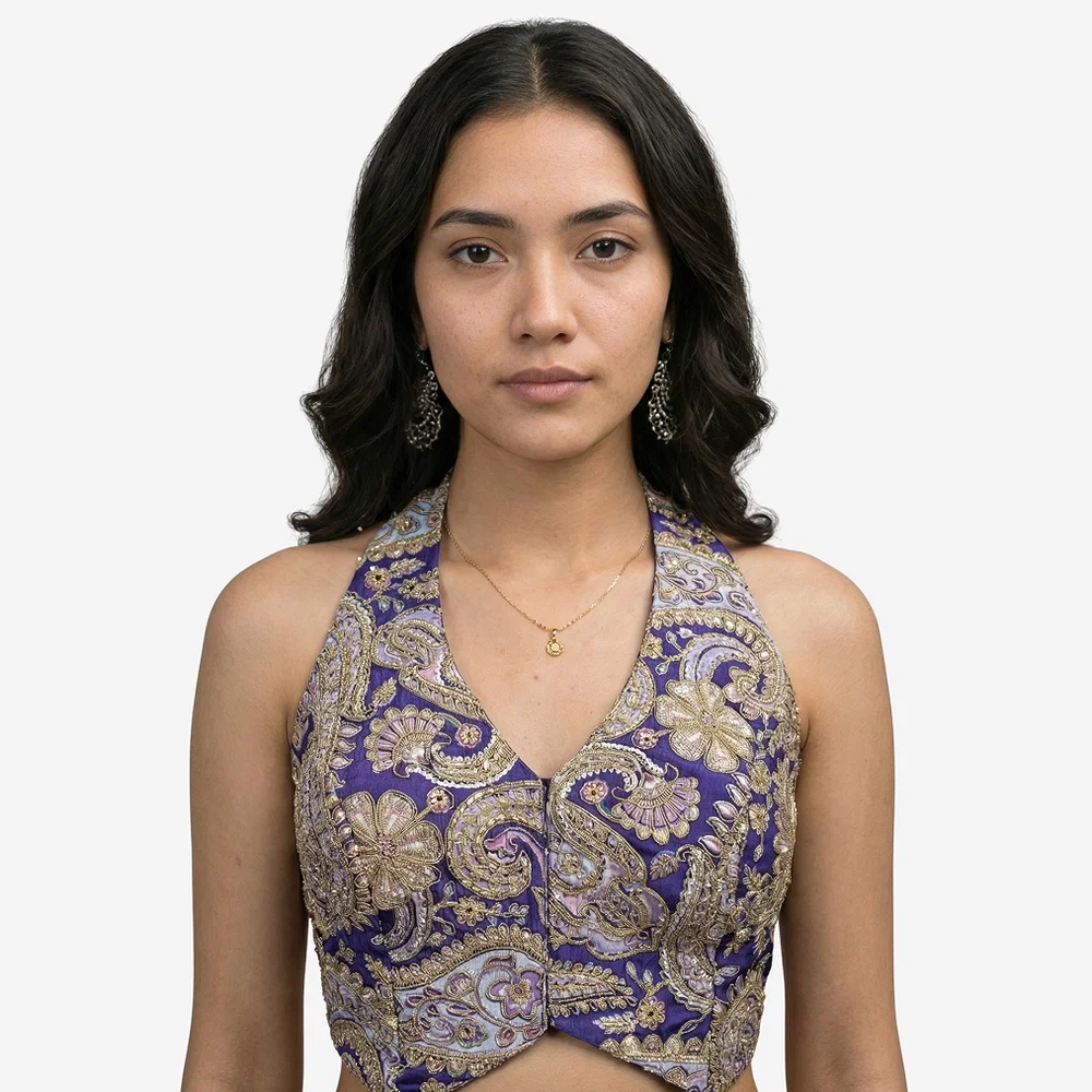 Purple Position Print Halter Neck Readymade Blouse — view 2