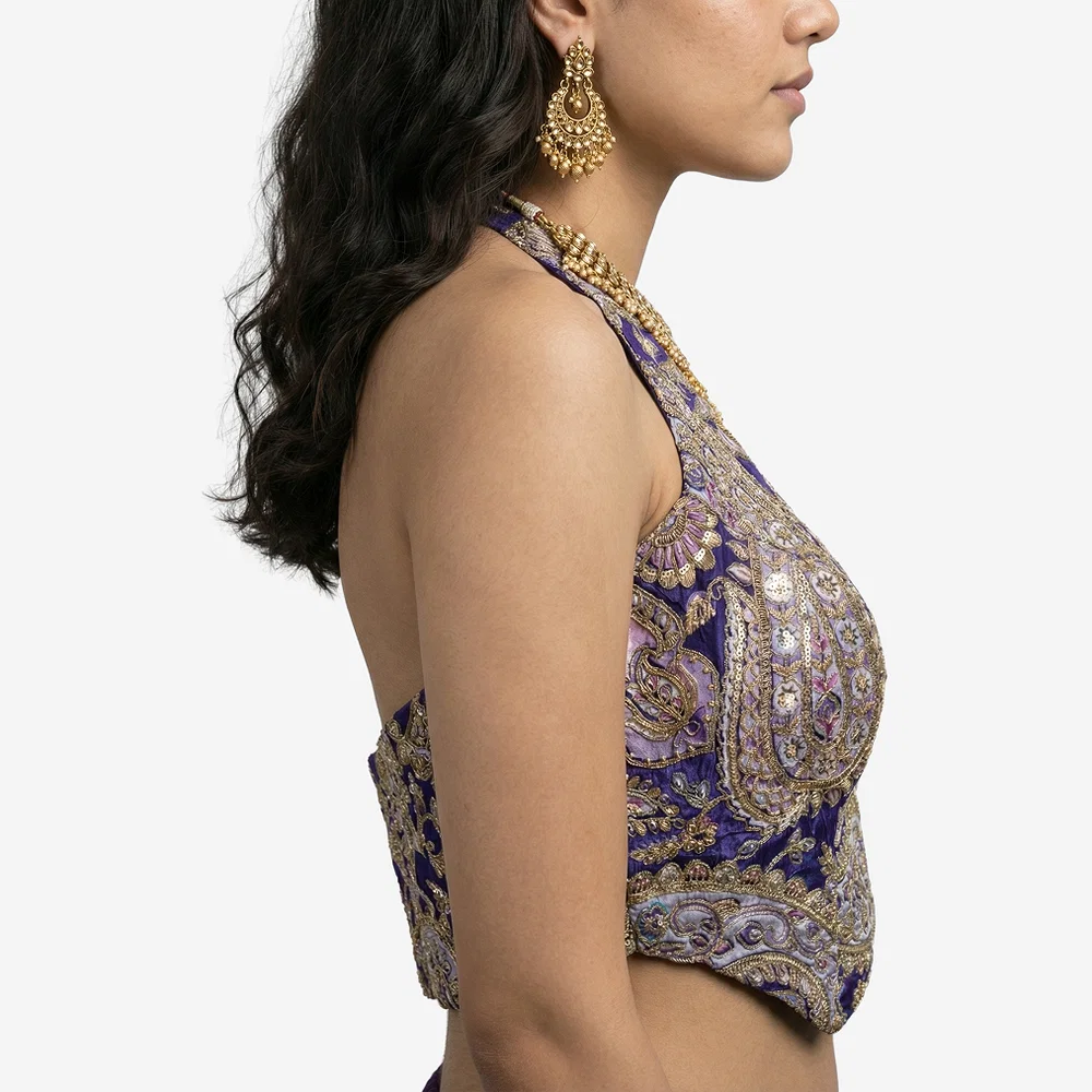 Purple Position Print Halter Neck Readymade Blouse — view 4