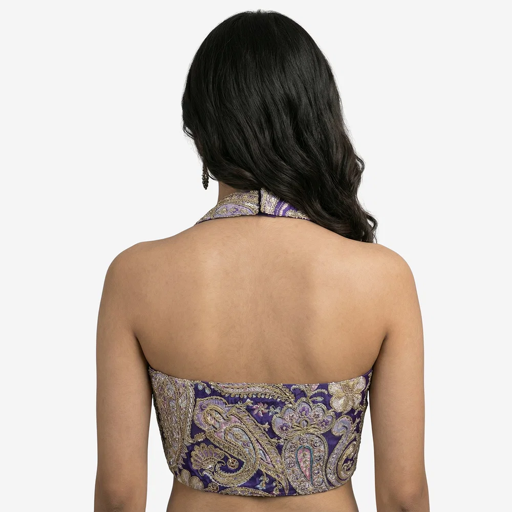 Purple Position Print Halter Neck Readymade Blouse — view 3