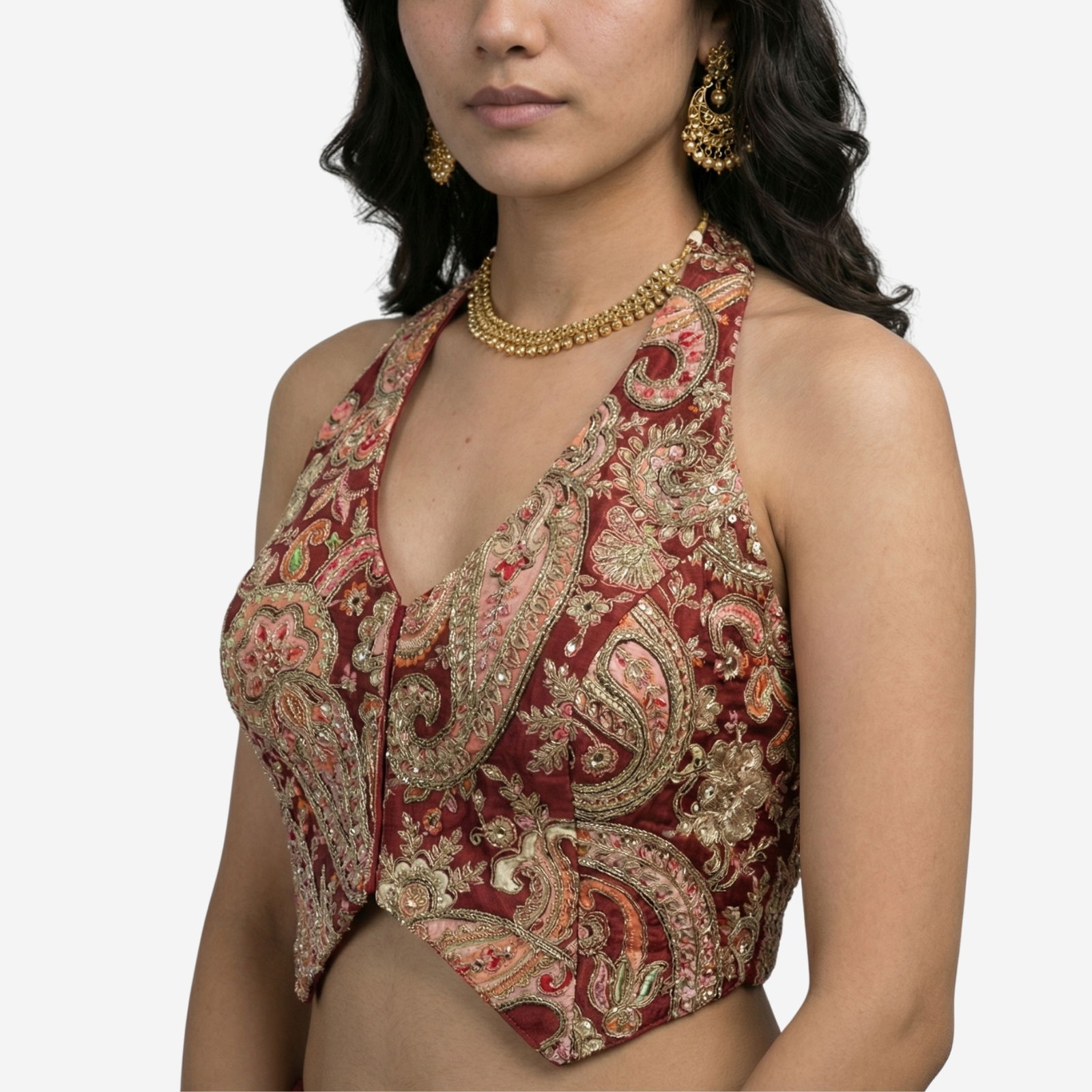 Maroon Position Print Halter Neck Readymade Blouse