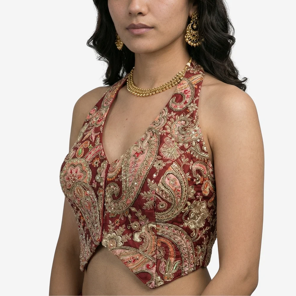 Maroon Position Print Halter Neck Readymade Blouse — view 1