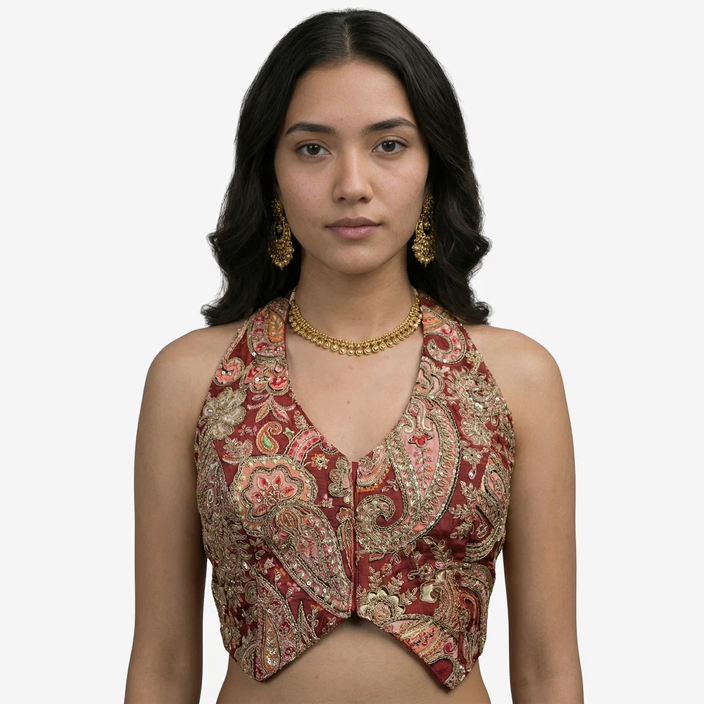 Maroon Position Print Halter Neck Readymade Blouse — view 2