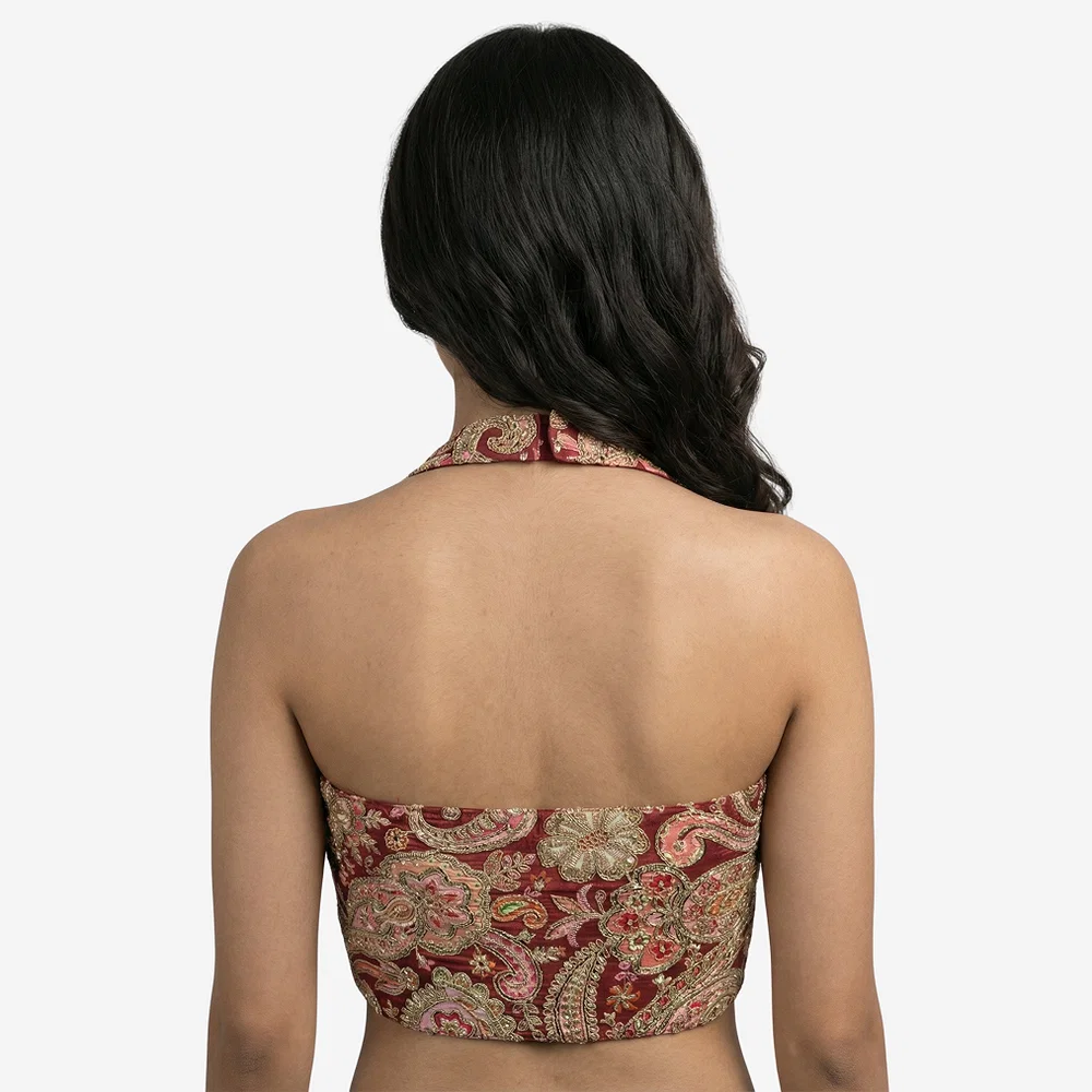 Maroon Position Print Halter Neck Readymade Blouse — view 4