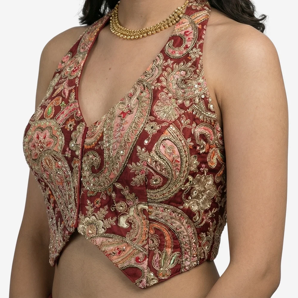 Maroon Position Print Halter Neck Readymade Blouse — view 3
