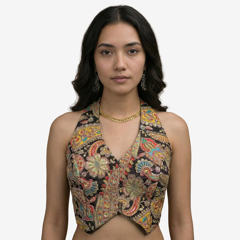 Black Position Print Halter Neck Readymade Blouse — view 1