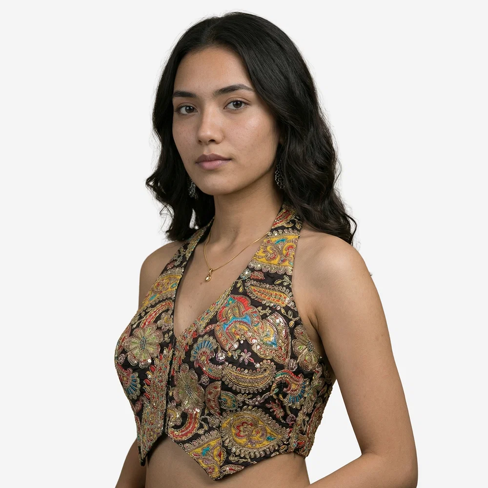 Black Position Print Halter Neck Readymade Blouse — view 3