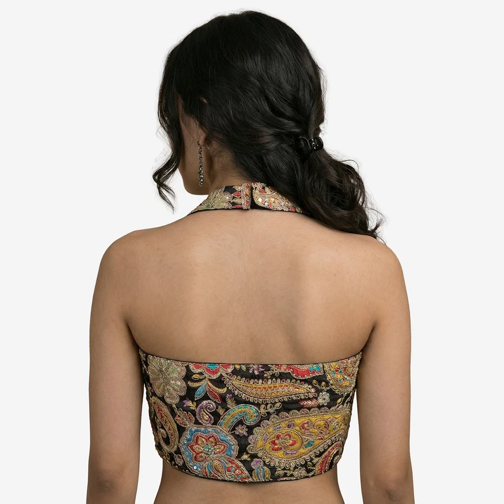 Black Position Print Halter Neck Readymade Blouse — view 2