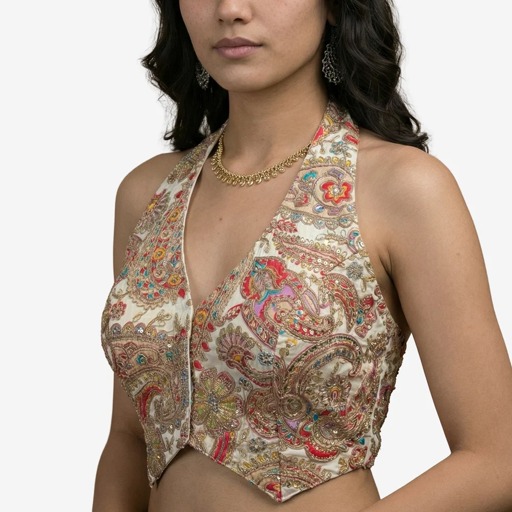 White Position Print Halter Neck Readymade Blouse — view 1