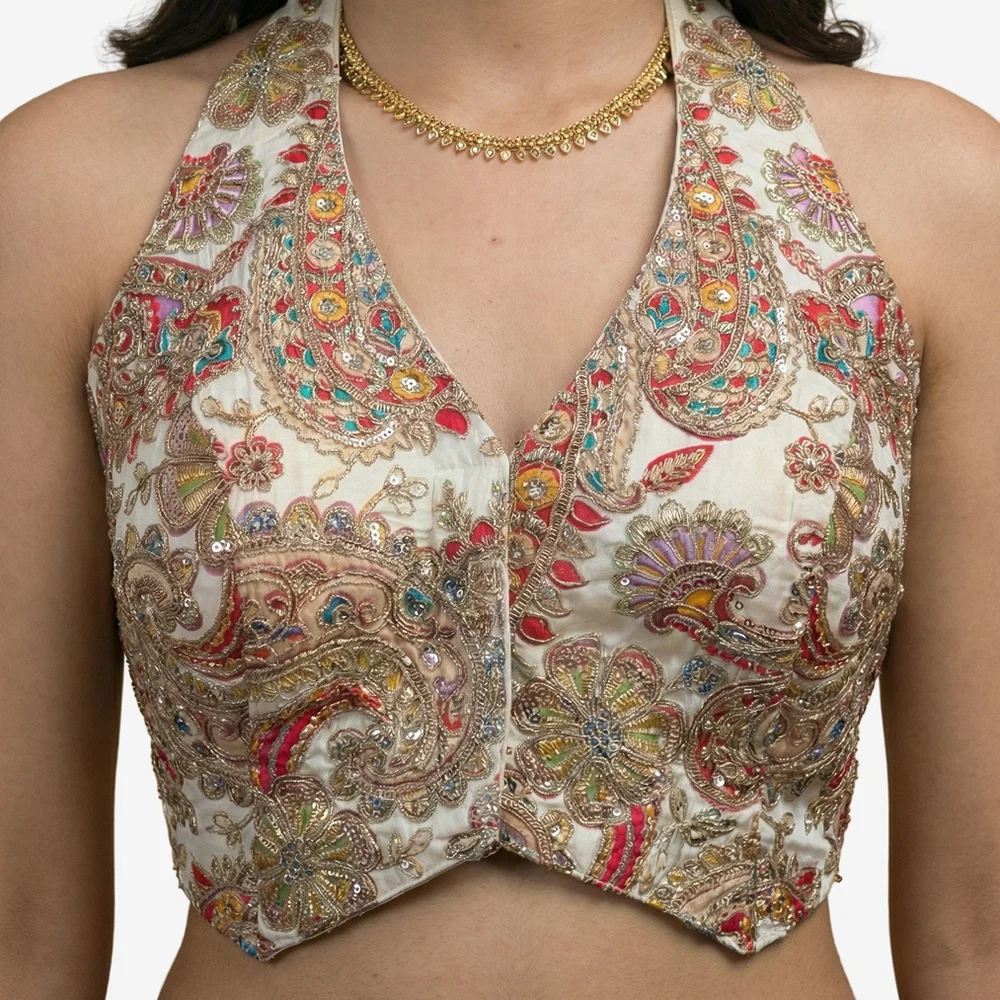 White Position Print Halter Neck Readymade Blouse — view 4