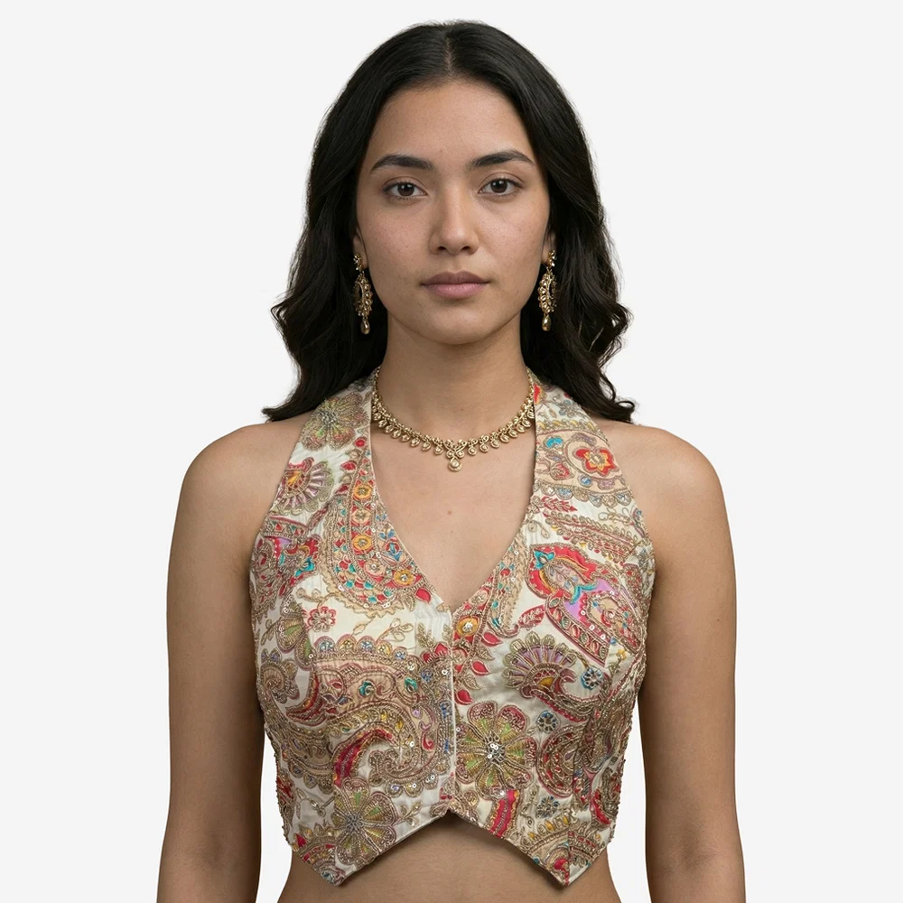 White Position Print Halter Neck Readymade Blouse — view 2