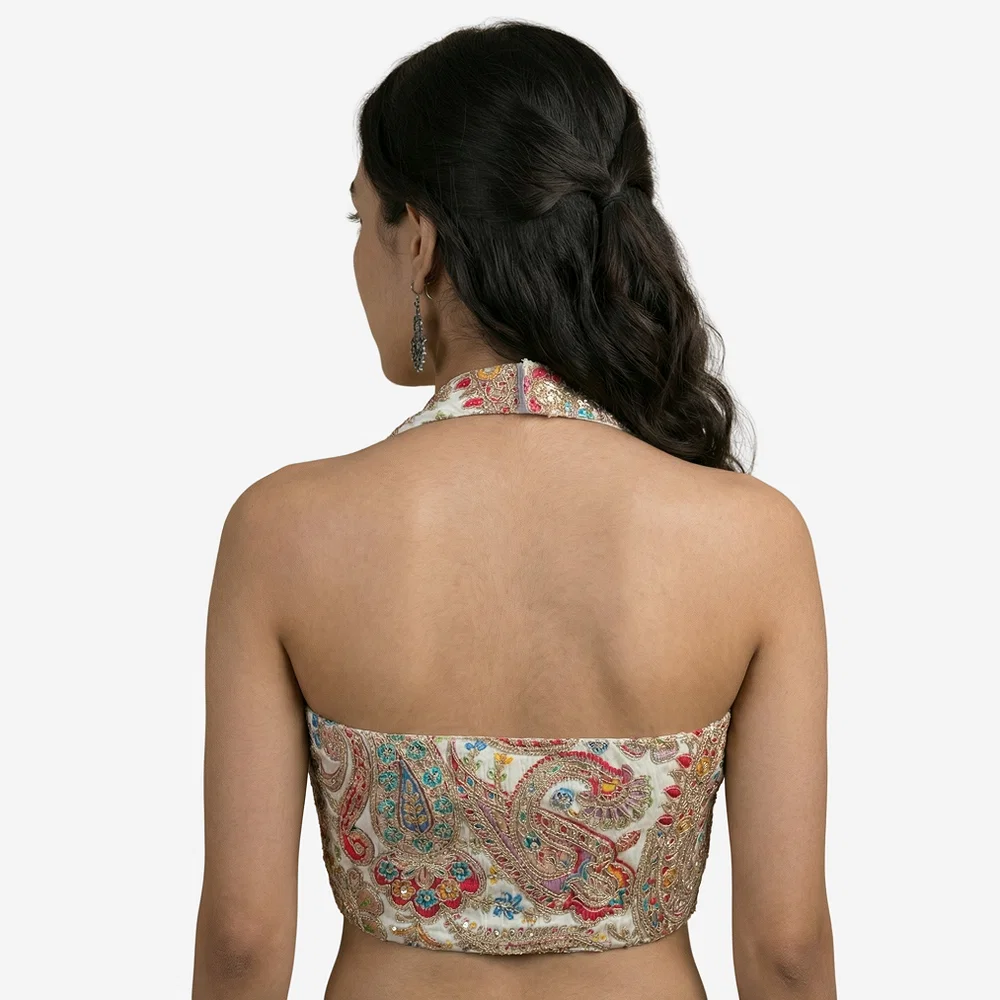 White Position Print Halter Neck Readymade Blouse — view 3