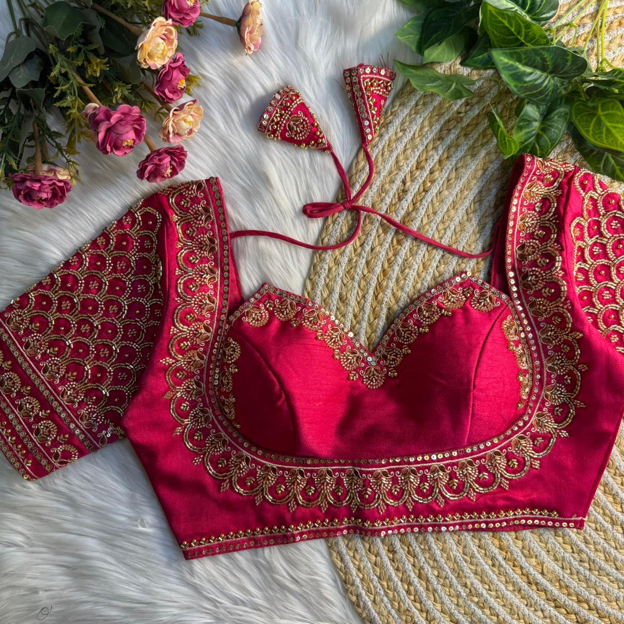 Rani Beautiful Beads Work Halter Neck Embroidery Blouse in Italian Silk