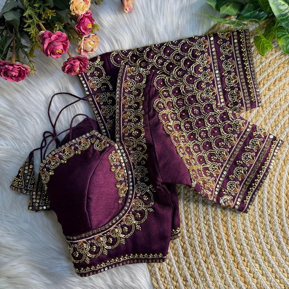Wine Beautiful Beads Work Halter Neck Embroidery Blouse in Italian Silk — view 2
