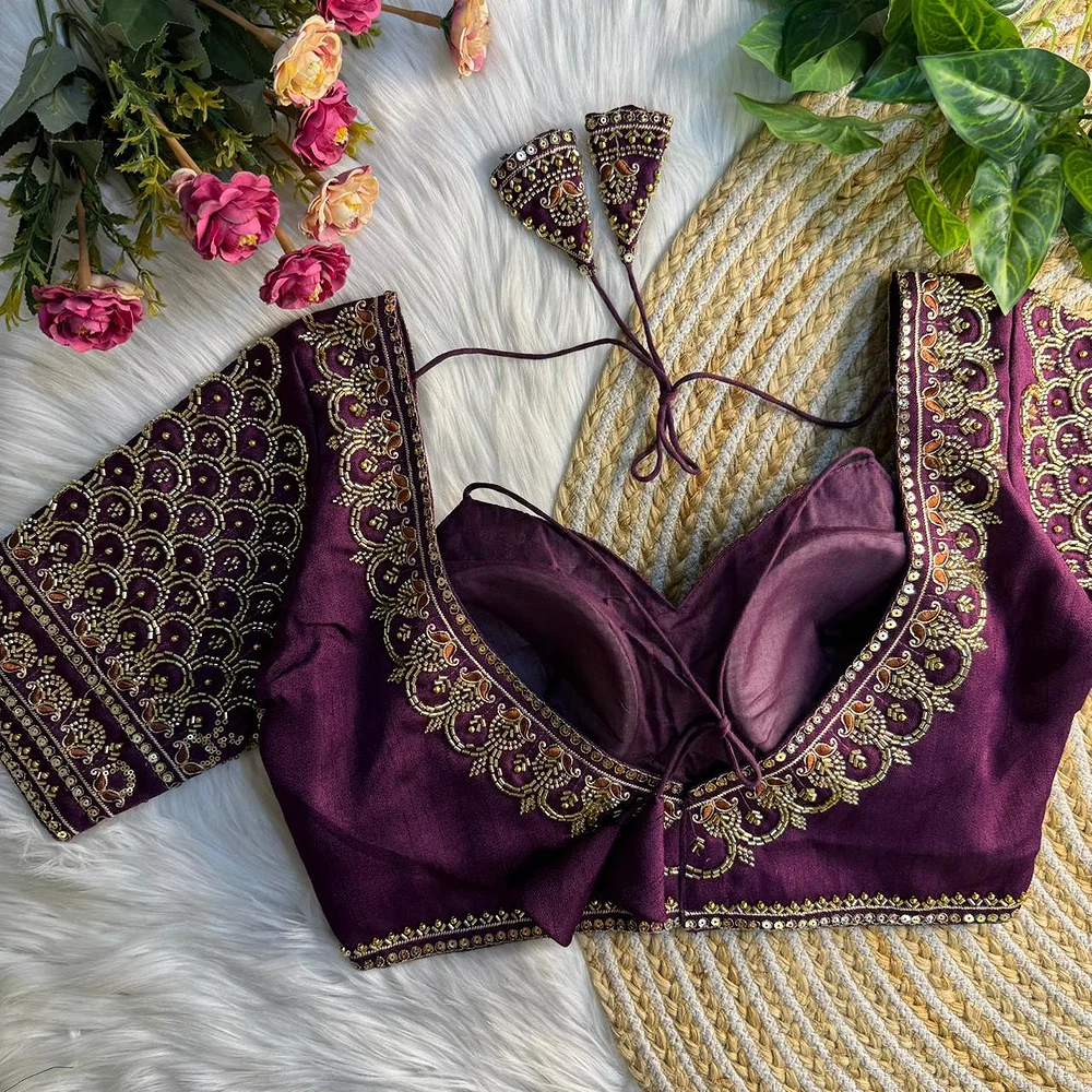 Wine Beautiful Beads Work Halter Neck Embroidery Blouse in Italian Silk — view 3