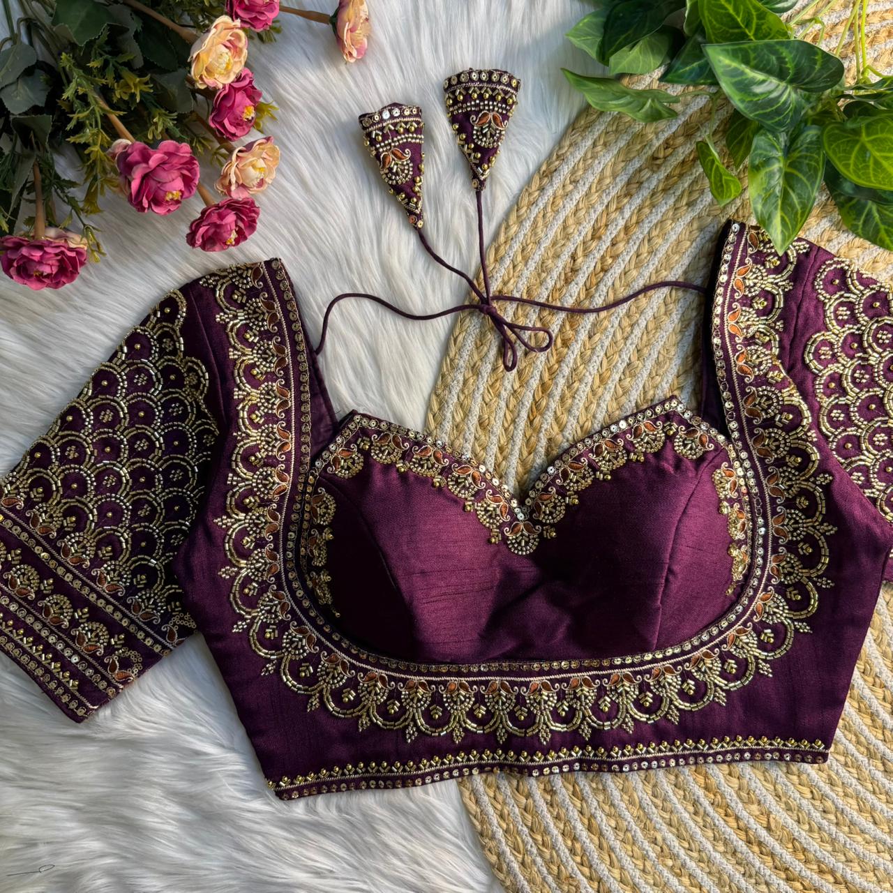 Wine Beautiful Beads Work Halter Neck Embroidery Blouse in Italian Silk