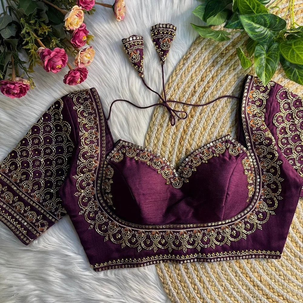 Wine Beautiful Beads Work Halter Neck Embroidery Blouse in Italian Silk — view 1