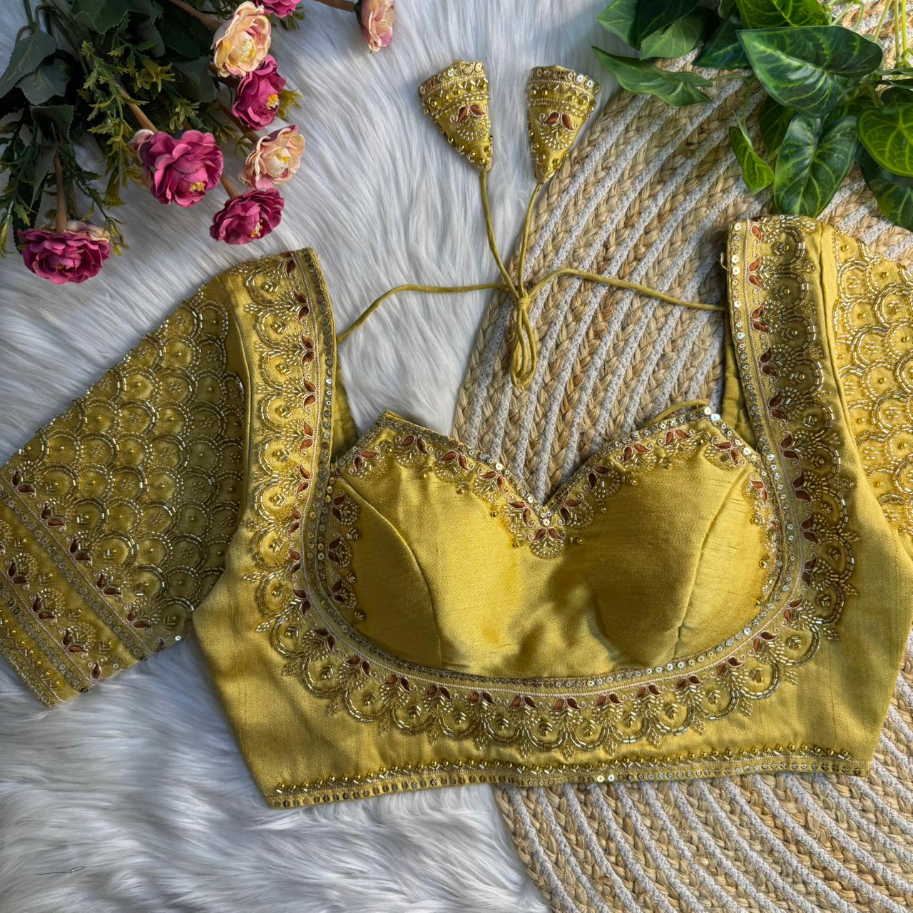 Gold Beautiful Beads Work Halter Neck Embroidery Blouse in Italian Silk