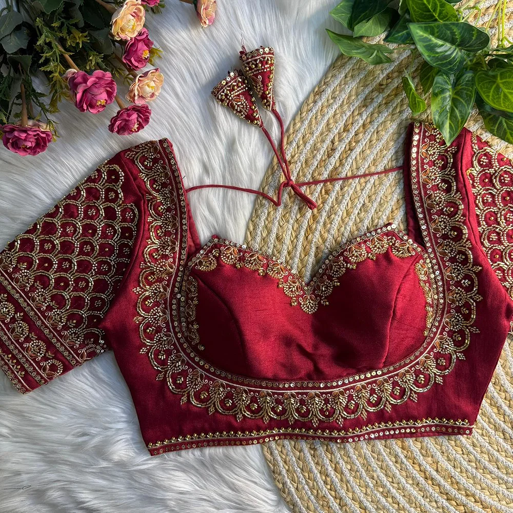 Maroon Beautiful Beads Work Halter Neck Embroidery Blouse in Italian Silk — view 1